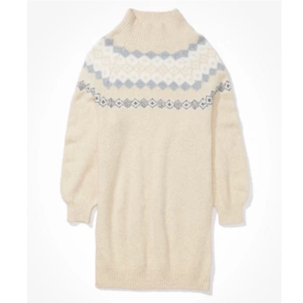 American Eagle Cream Turtleneck Sweater Dress – NWT – Geometric Grey Accents